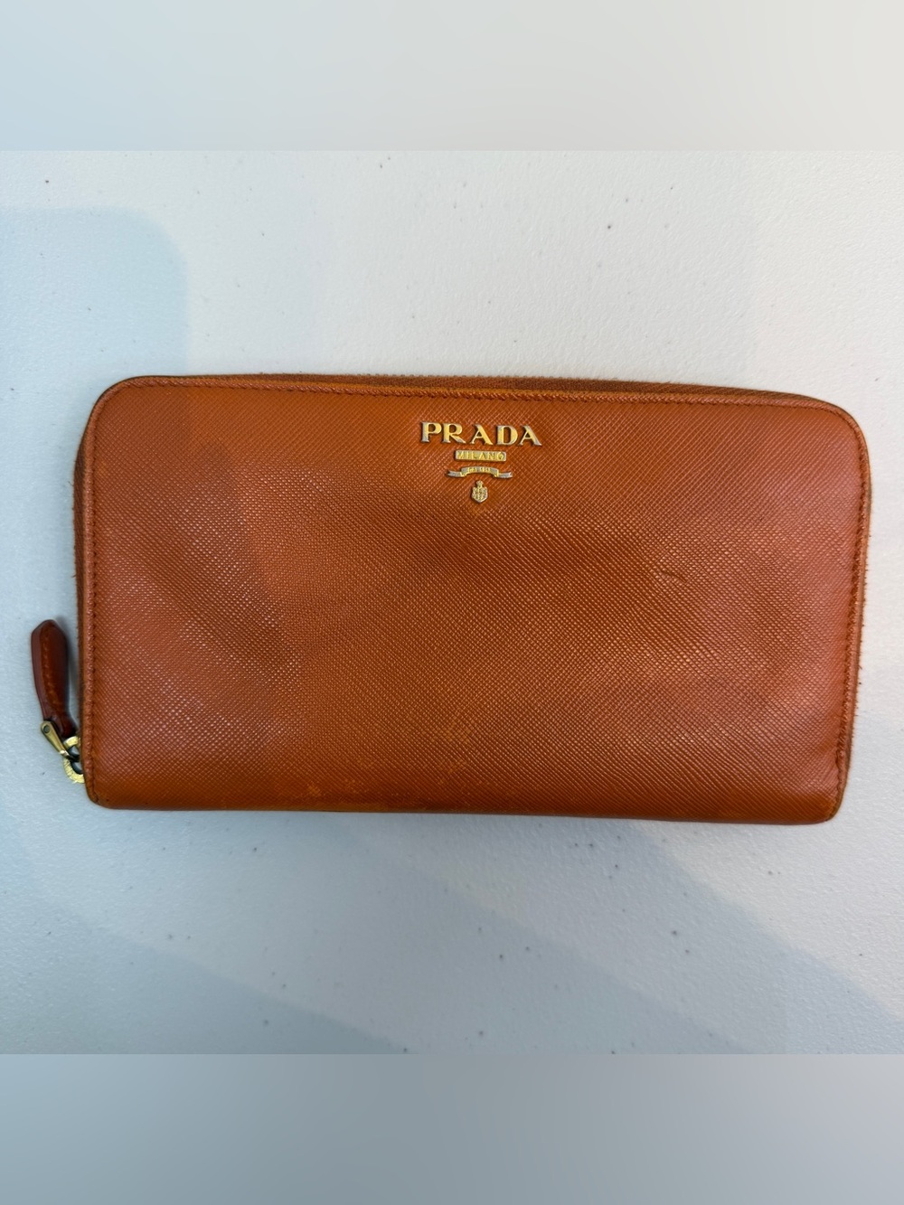 PRADA Saffiano Leather WOMen's Zip Wallet - Cognac Orange with Gold Logo